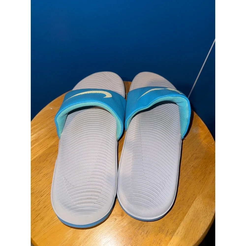 Nike Kawa Slides Blue Grey Yellow Swoosh Athletic Comfort Sandals‎ US 8